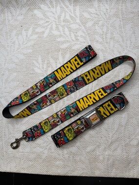 Marvel Comic Buckle Down Dog Collar 15”-24” And Matching 51” Leash